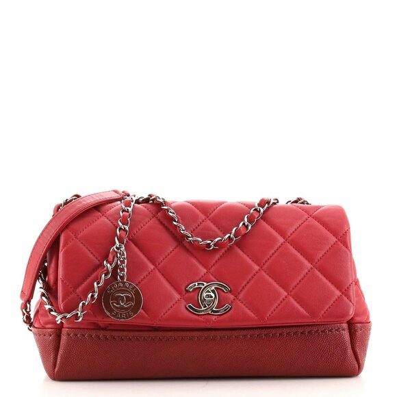 Authentic CHANEL Bicolor Coco Flap Bag Quilted Lambskin Caviar Medium Purse Red - Picture 1 of 16